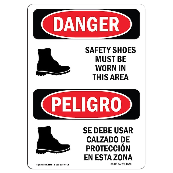OSHA Sign, Shoes Must Worn Area Bilingual, 18in X 12in Rigid Plastic, 12" W, 18" H, Spanish